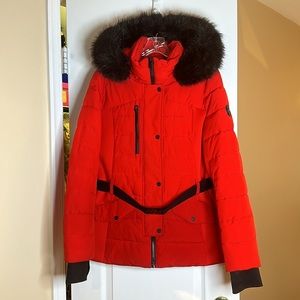 Michael Kors Red Short Belted Puffer Jacket w/ Black Faux Fur Hood